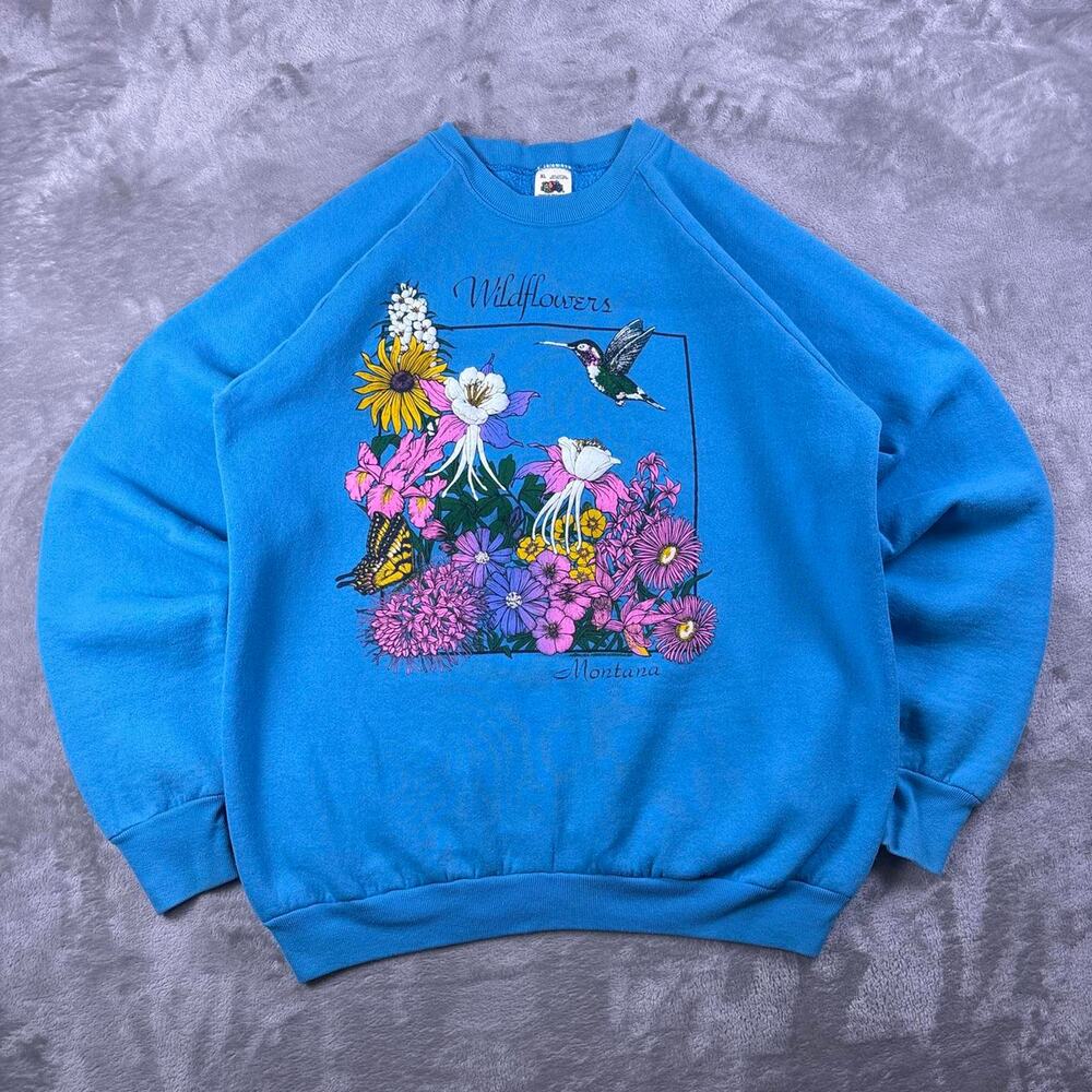 Vintage Montana Wildflowers Hummingbird Sweatshirt XL Blue Made in USA